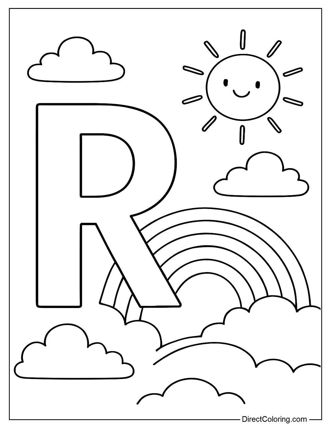 Coloring page of the letter R with a rainbow, white clouds and sunlight